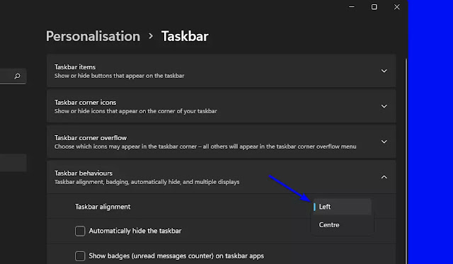 taskbar alignment settings