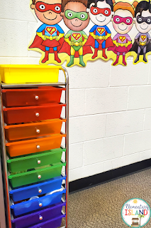A rolling teacher cart is great for your mobile classroom organization. Label your drawers for easy access.