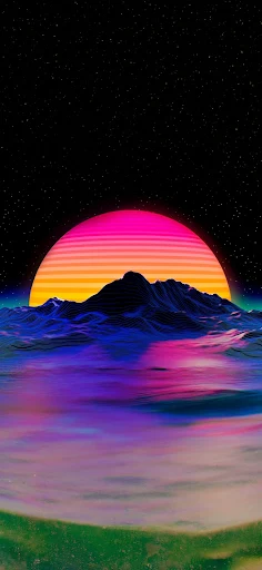 Retro synthwave sunset over mountain landscape.