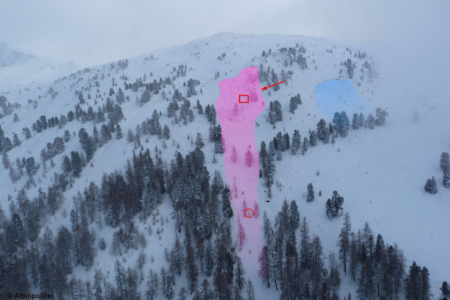 Übersichtsbild vom 11.12.2021: Der Pfeil symbolisiert die Einfahrtsspur, das Rechteck den ungefähren Sammelpunkt, der Kreis den Auffindepunkt des tödlich Verunglückten. Die blau dargestellte Lawine löste sich nach diesem Lawinenabgang im Rahmen der Rettungsaktion durch Fernauslösung.