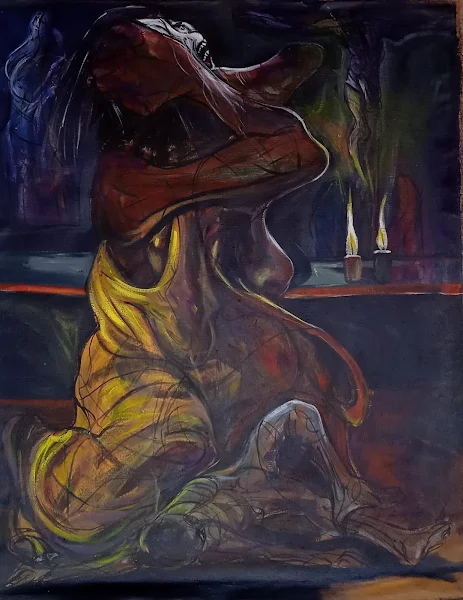 Madre Con Niño Muerto, pintura de Nelson Gonzalez, acrilica sobre lino, 50x40 pulgadas