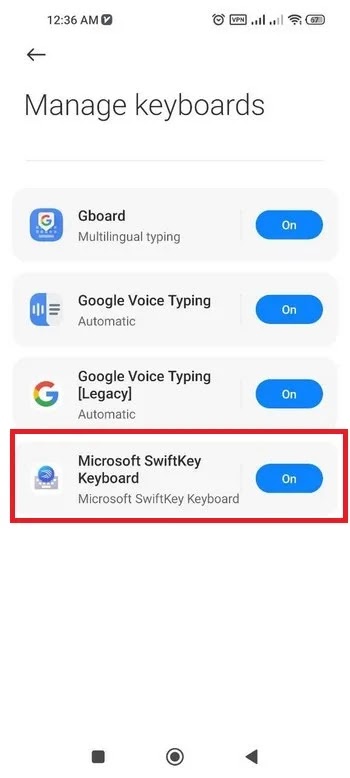 خيار لوحة مفاتيح Microsoft SwiftKey