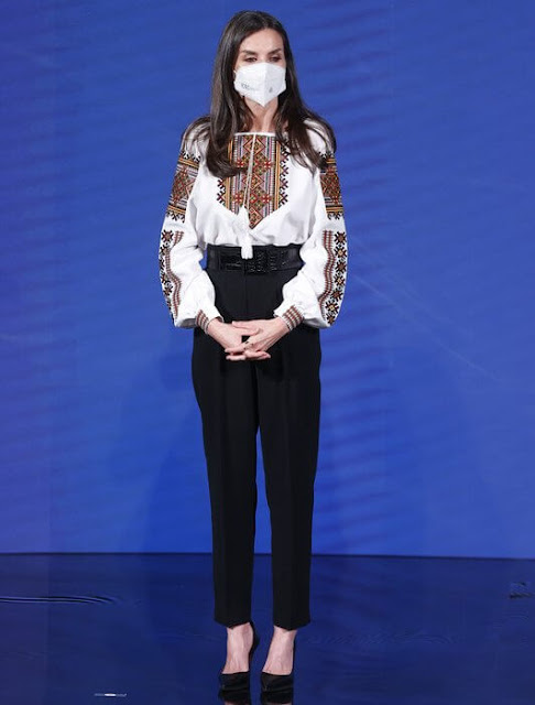 Queen Letizia wore an Ukrainian embroidered blouse (vyshyvanka) with traditional embroidery