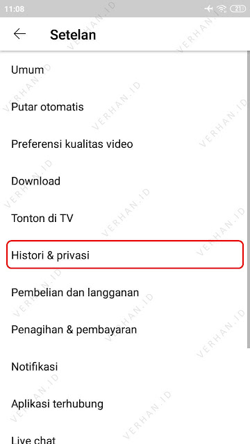 history dan privasi youtube
