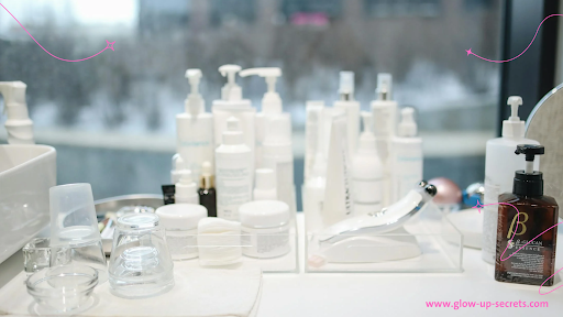 Assortment of K-Beauty skincare products like toners, serums, and cleansers used in routines.