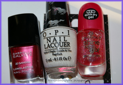 Gabriella Salvete #20 Sangria, OPI Angel With A Leadfoot, Essence Party Princess