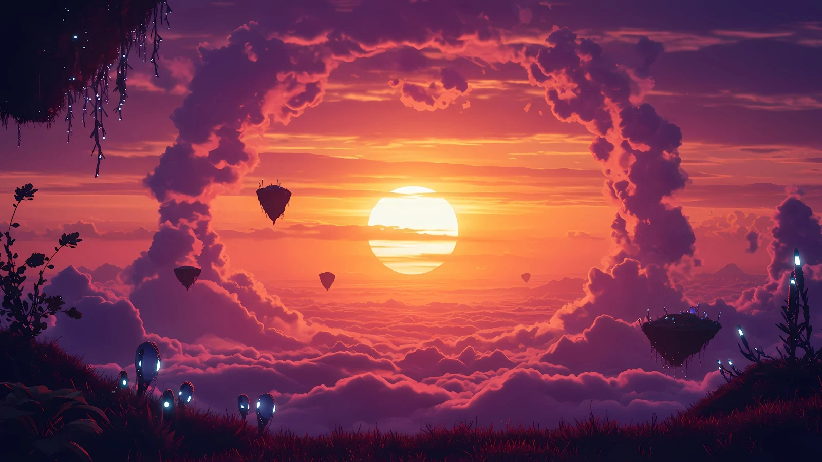 A vibrant sunset illuminates a fantasy landscape with floating islands, glowing plants, and a heart-shaped cloud formation.
