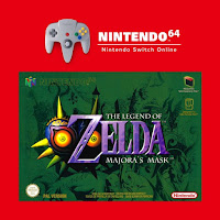 Nintendo Switch Online logo above package of Majora's Mask for N64