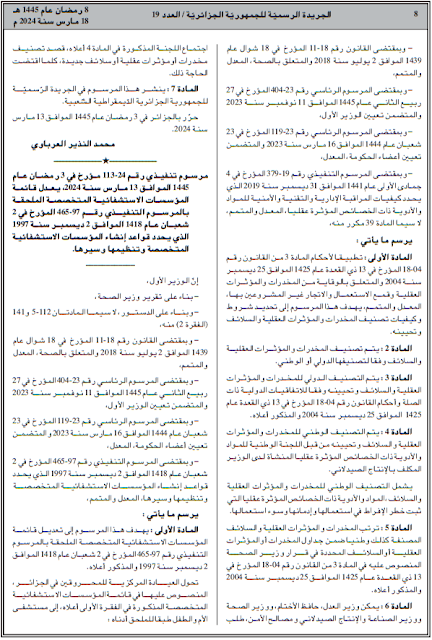 مرسوم تنفيذي رقم 24-112 مؤرخ في 3 رمضان عام 1445 الموافق 13 مارس سنة 2024، يحدد شروط وكيفيات تصنيف المخدرات والمؤثرات العقلية والسلائف وتحيينه.