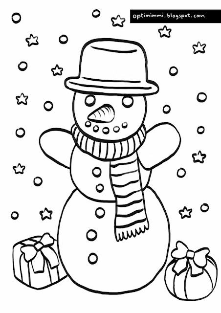 A coloring page of a snowman and a couple of Christmas gifts on the ground / Värityskuva lumiukosta ja kahdesta joululahjasta maassa