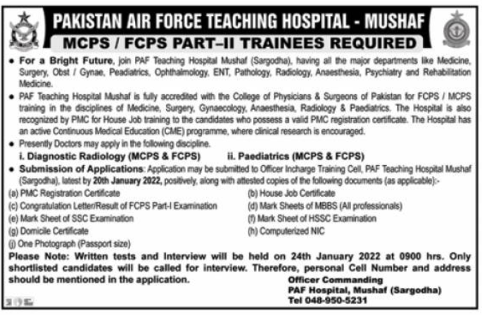 Pakistan Air Force Teaching Hospital-MUSHAF Trainees Required 2022