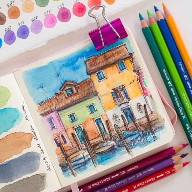 A watercolor showing solorful facades of Burano houses in Venice, Italy.