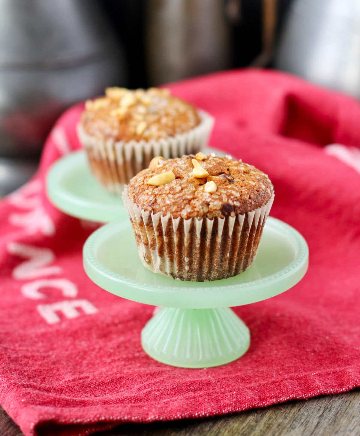 Peanut Butter Banana Muffins on stands.