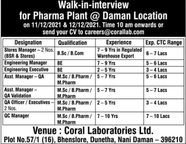 Coral Labs | Walk-in interview for QC/QA/Engg Stores on 11th & 12th Dec 2021