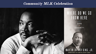 Image of Martin Luther King Jr., head and shoulders, hands  with fingers laced in front of face, face turned to left. Also includes image of book cover for Where do we go from here? Chaos or community?