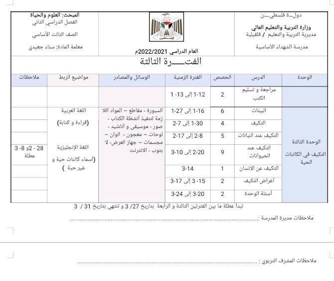 خطة العلوم والحياة للصف الثالث الأساسي الفترة الثالثة والرابعة 2022/2021