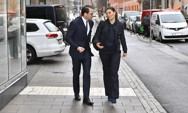 Crown Princess Victoria wore a black and navy tweed jacket from Maruschka de Margò, and navy silk blouse and navy trousers