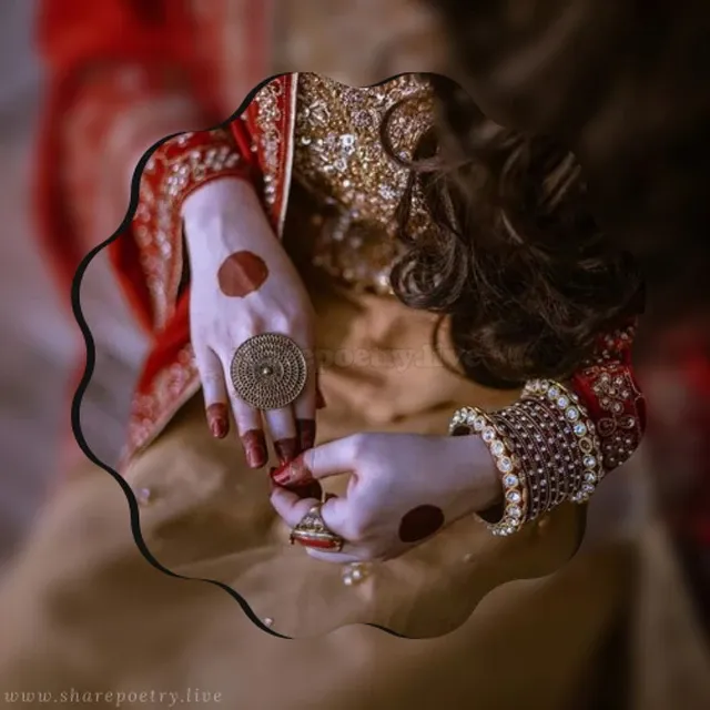 Beautiful girl in bridal attire with henna and bracelet engagement ring in hand