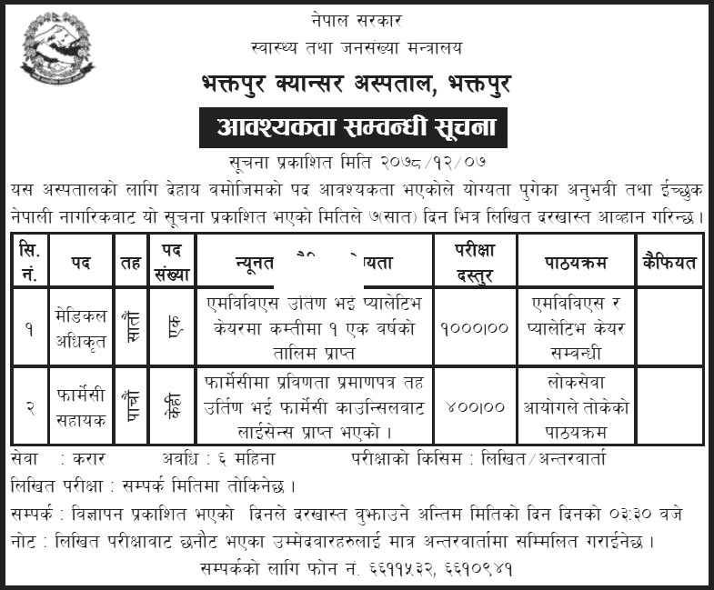 Bhaktapur Cancer Hospital Vacancy