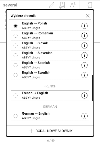 PocketBook InkPad Lite – fragment listy dostępnych słowników
