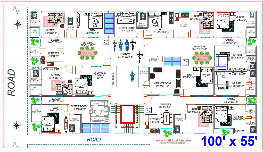 100' X 55' Apartment Floor Plan | 5500 Square Feet PDF & AutoCAD