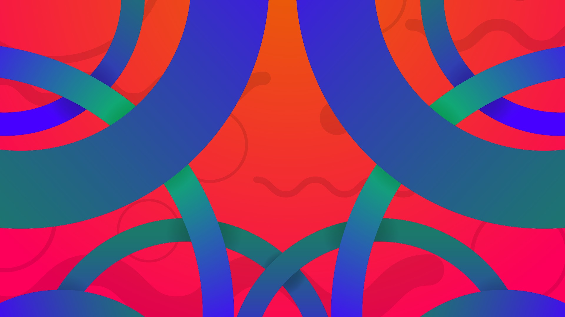 A vibrant abstract pattern featuring overlapping circles and lines in shades of blue and red
