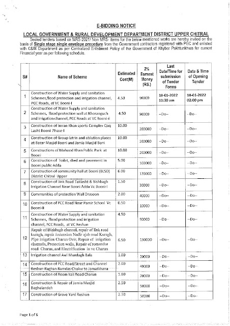 tnders in chitral, tenders in local government department,tenders in lgrdd chitral upper, tenders in kpk chitral, contractors tenders