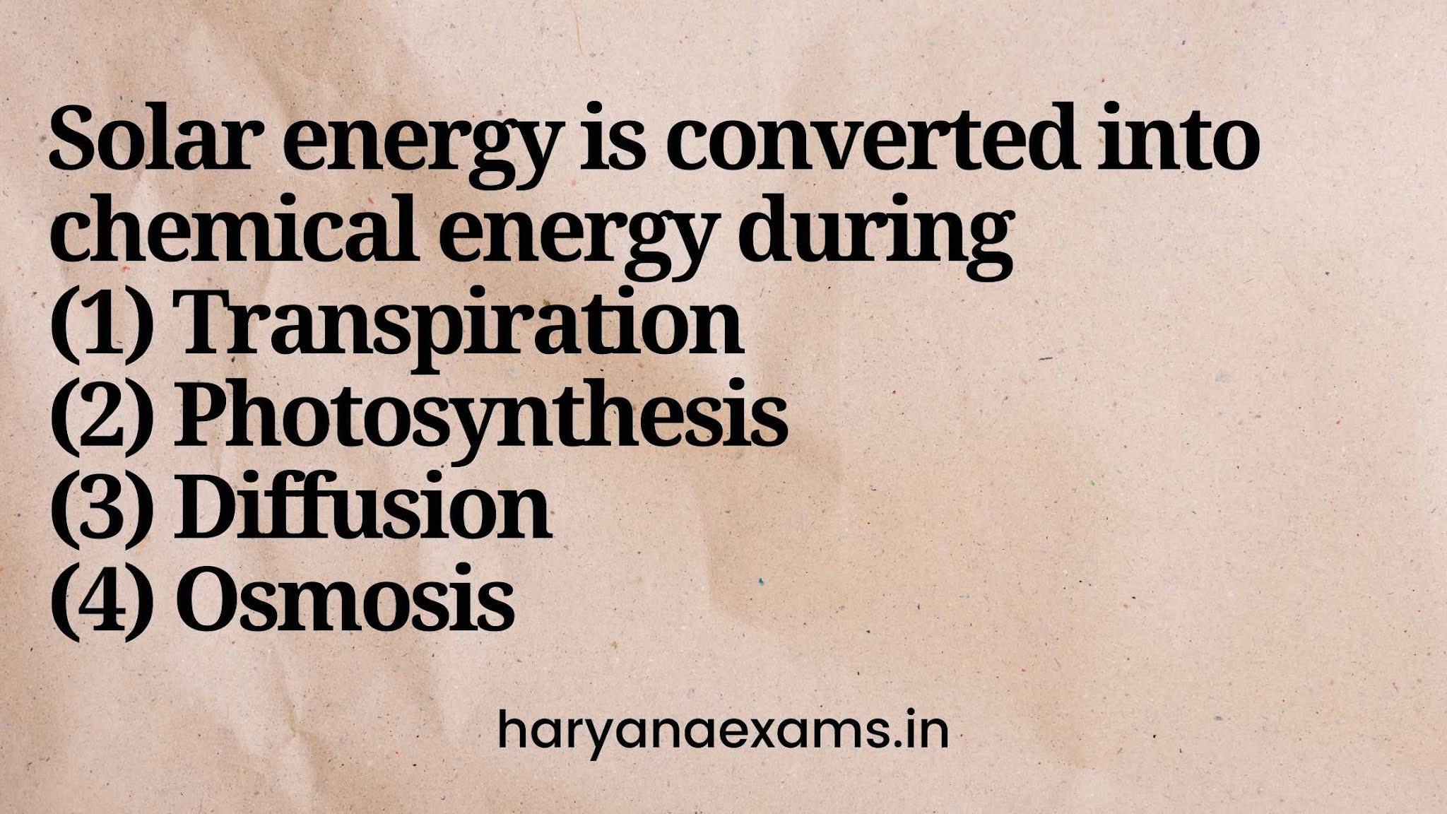 Solar energy is converted into chemical energy during   (1) Transpiration   (2) Photosynthesis   (3) Diffusion   (4) Osmosis