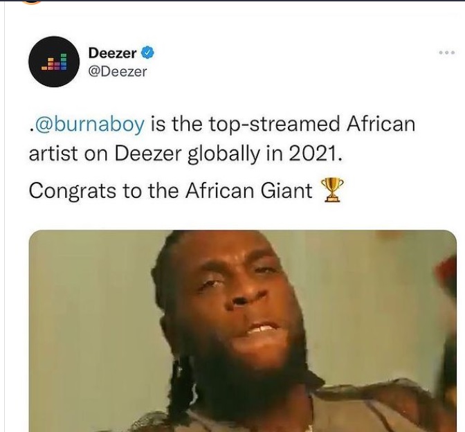 Deezer's Names Burna Boy as Most Streamed African Act for 2021