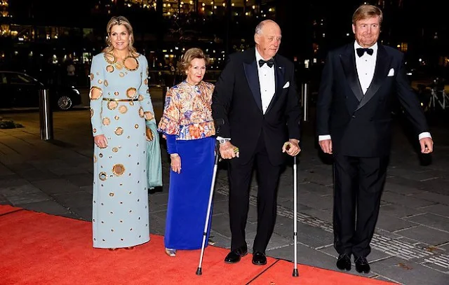 Queen Maxima wore a new jewelery zehave dress by Claes Iversen. Claes Iversen couture 2019. King Harald and Queen Sonja