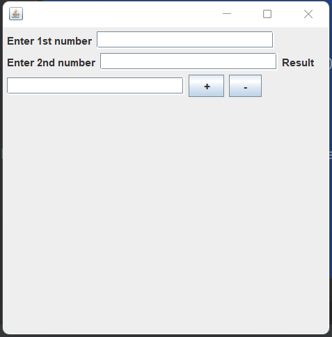 Write a program using swing components to add two numbers. Use text fields for inputs and output. Your program should display the result when the user presses a button.