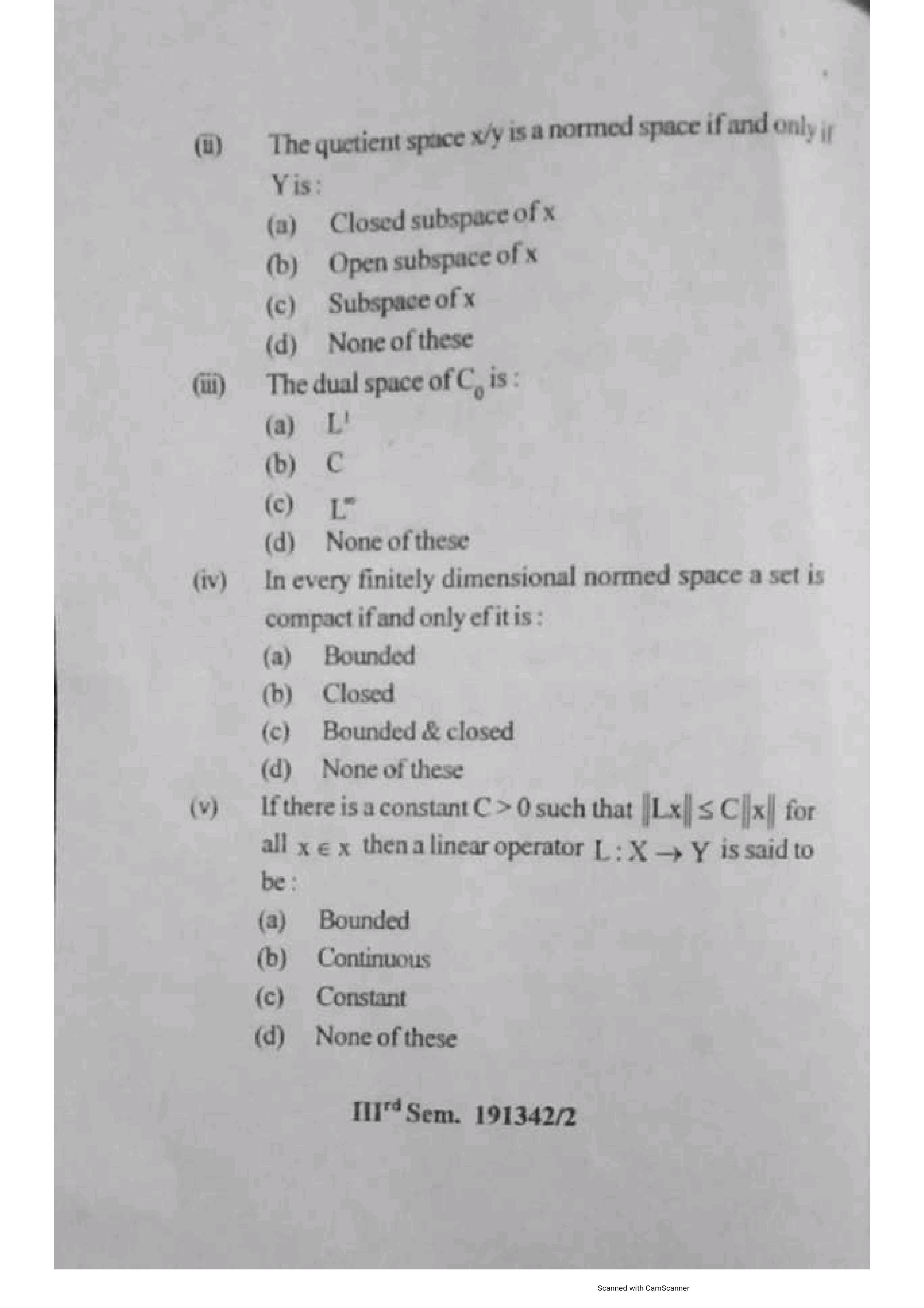 Mathematics M.Sc - IIIrd Sem Previous Question Papers Subject - Functional Anaysis