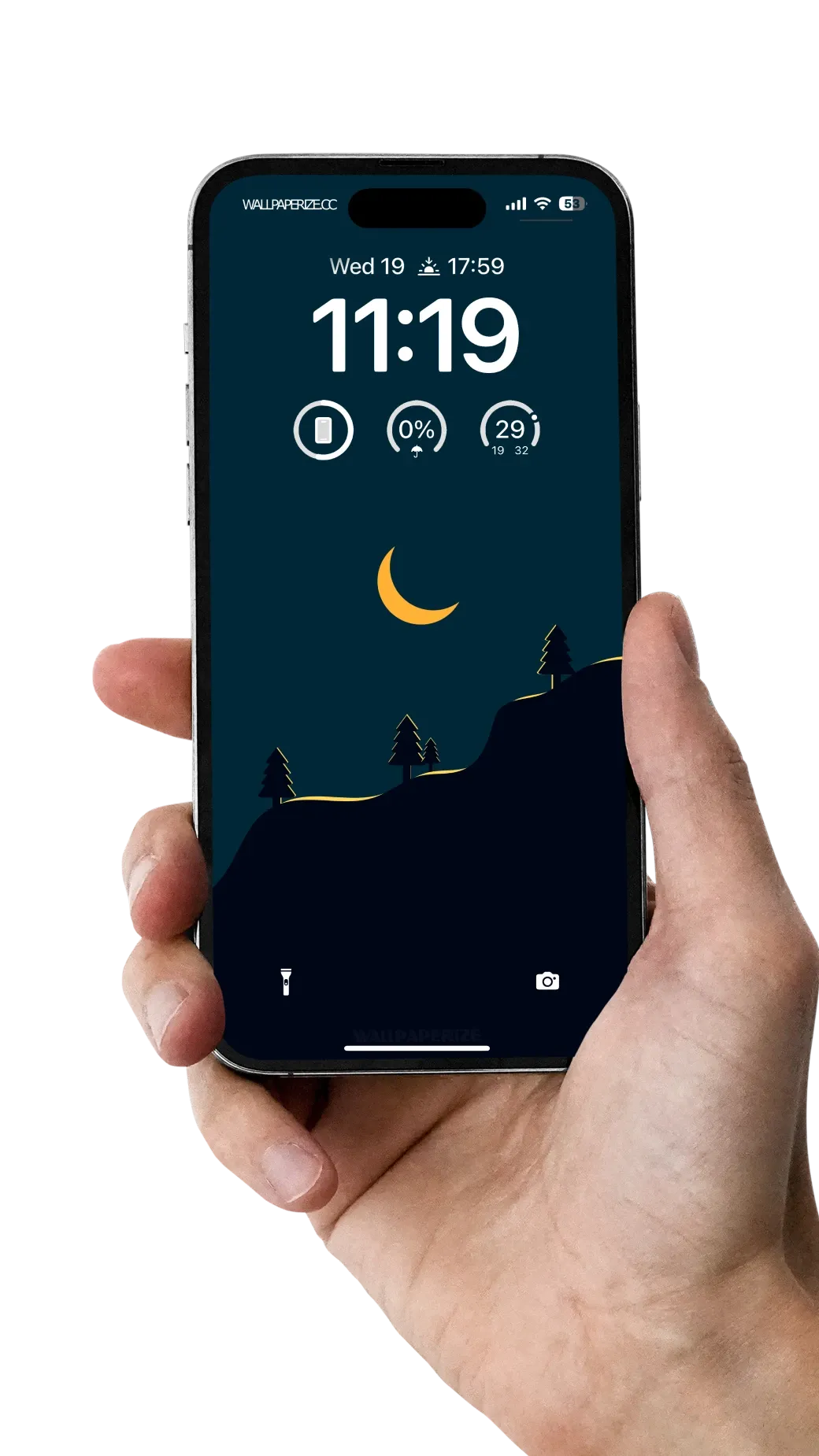 Minimalist midnight blue wallpaper featuring a crescent moon above a mountain ridge with pine tree silhouettes.