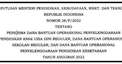 KEPMENDIKBUDRISTEK NOMOR 28/P/2022 TENTANG SEKOLAH PENERIMA BOS REGULER, PENERIMA BOP PAUD DAN BOP KESETARAAN TAHUN  2022