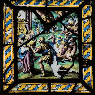 Flemish panel, probably 17th C. Rebekah gives Abraham's servant a drink. Jules & Jenny from Lincoln, UK - Wells Cathedral, window sXI detail
