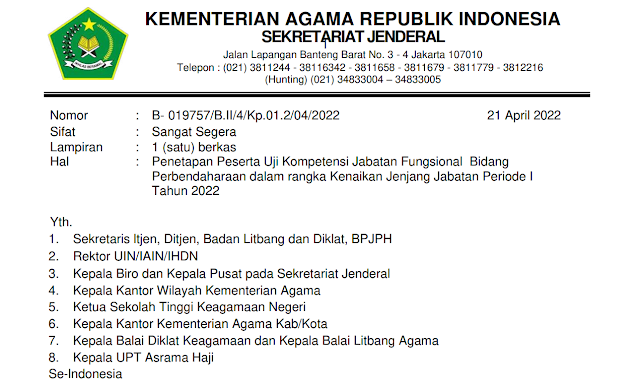 Penetapan Peserta Uji Kompetensi Jabatan Fungsional Bidang Perbendaharaan Dalam Rangka Kenaikan Jenjang Jabatan Periode I 2022 - INTEL MADRASAH