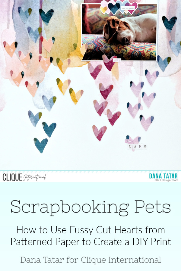 Colorful Fussy Cut Heart Scrapbook Layout with Sleeping Basset Hound Photo