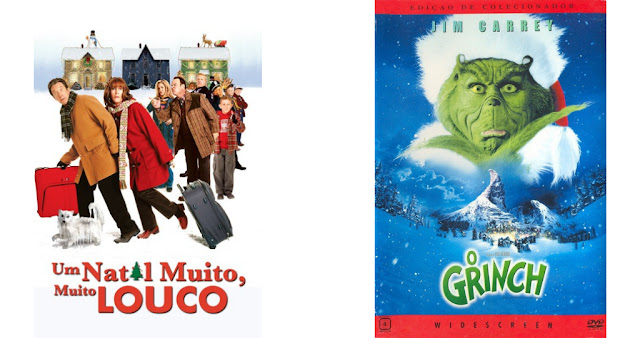 Essa imagem mostra 2 cartazes de filmes, cartaz um contém uma família carregando malas, cartaz 2 contém uma criatura verde vestida de papai noel