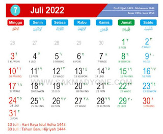 Kalender jawa bulan juli 2022