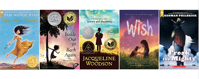 Cover image of Esperanza Rising, Inside Out and Back Again, Brown Girl Dreaming, Freak the Mighty, and Wish