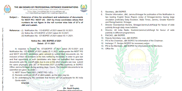 JKBOPEE Extension of time for enrollment and submission of documents for NEET PG / NEET UG – 2021