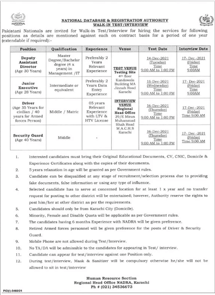 NADRA Karachi Jobs 2021 Advertisement | Walk-In-Interview