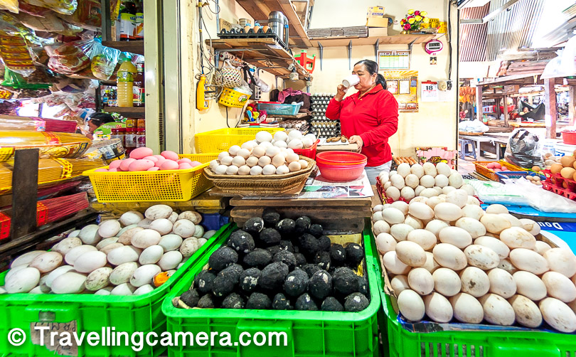 You will find shops selling various types of eggs as well in Cambodian markets. Duck eggs, chicken eggs, quail eggs are commonplace. You will find black eggs and will wonder what that is all about. Those are preserved eggs, sometimes known as century eggs or millennium eggs because they are preserved for a log time (sometimes months) before they are ready to eat.