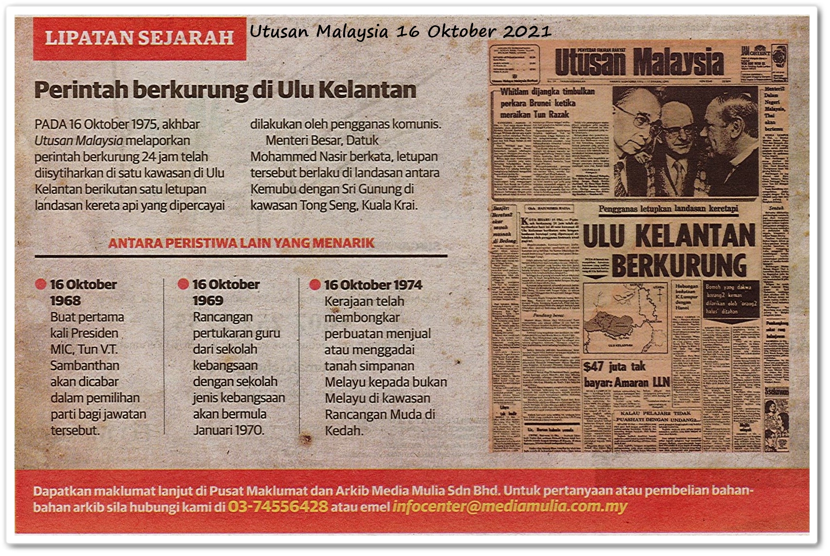 Lipatan sejarah 16 Oktober - Keratan akhbar Utusan Malaysia 16 Oktober 2021