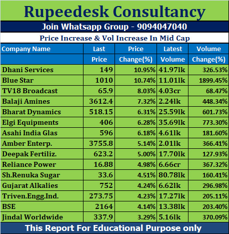 Price Increase & Vol Increase In Mid Cap