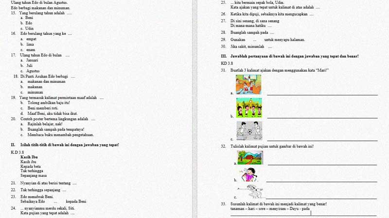 Soal dan Kunci Jawaban PTS Semester 2 Kelas 1 Muatan Bahasa Indonesia