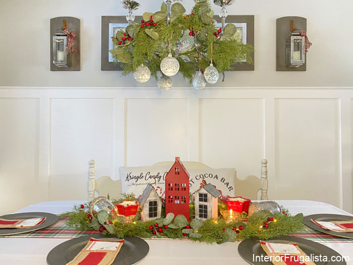 How to turn dollar store bird houses into adorable wood Scandi houses with DIY galvanized roofs for an easy five minute Christmas table centerpiece.