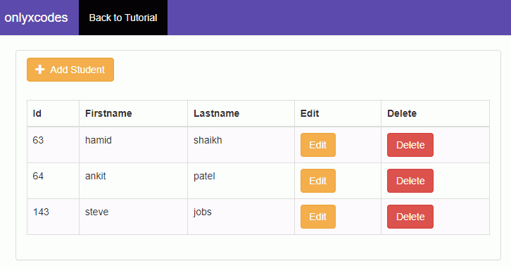 using ajax read all data from the student table - sample project github