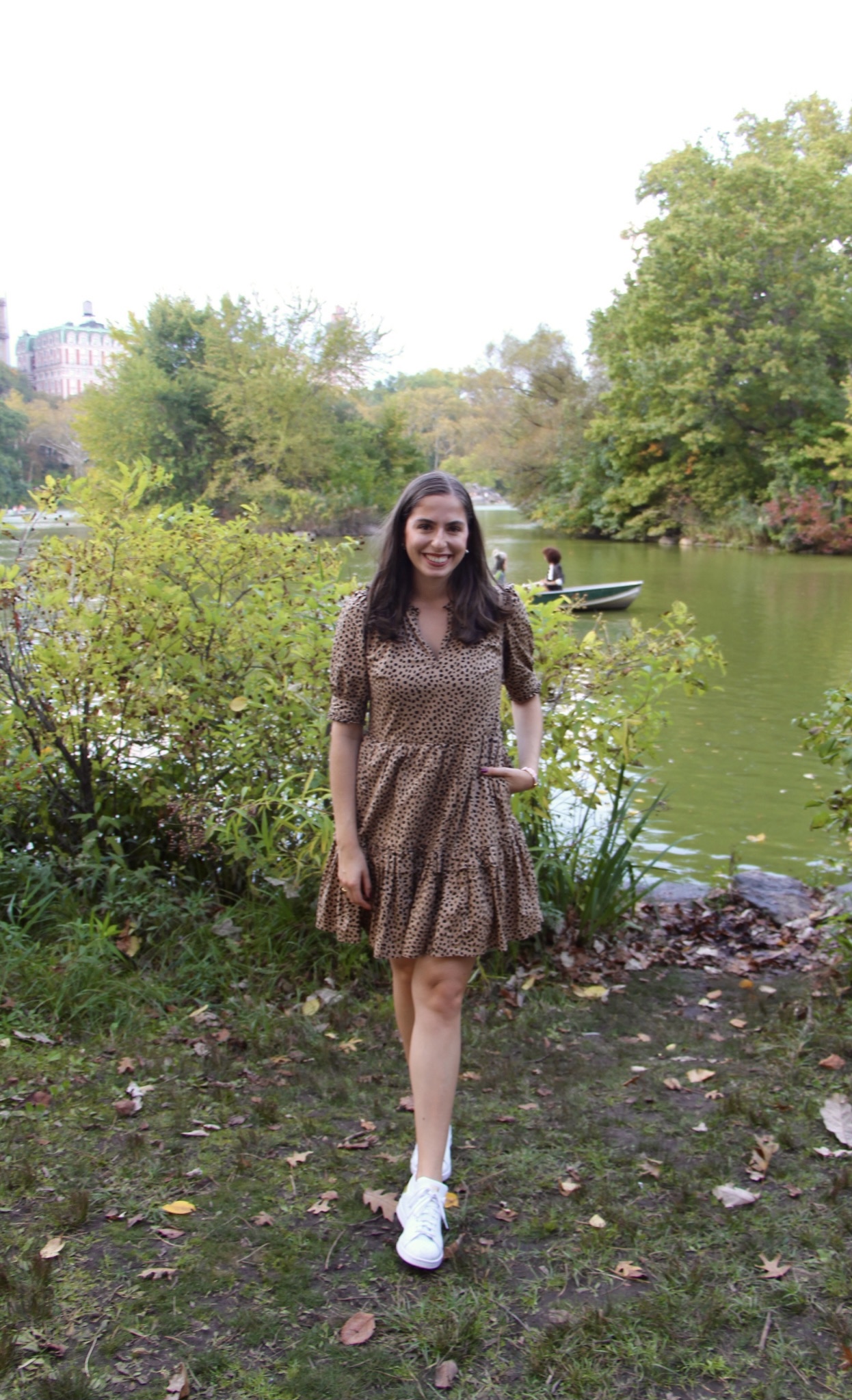 sneakers and dress, white sneaks, cheetah dress, central park, fall outfit