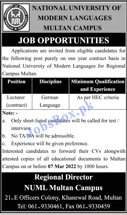 NUML National University of Modern Languages Jobs 2022 in Pakistan